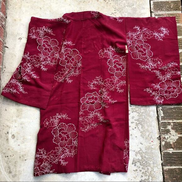 Vintage Japanese kimono robe silk floral print red - Picture 4 of 6